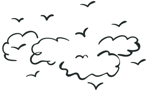 Illustration of clouds and birds showing that the location has outdoor seating.